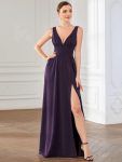 Chiffon High Slit Sleeveless V-Neck Empire Waist Formal Evening Dress – Dark Purple