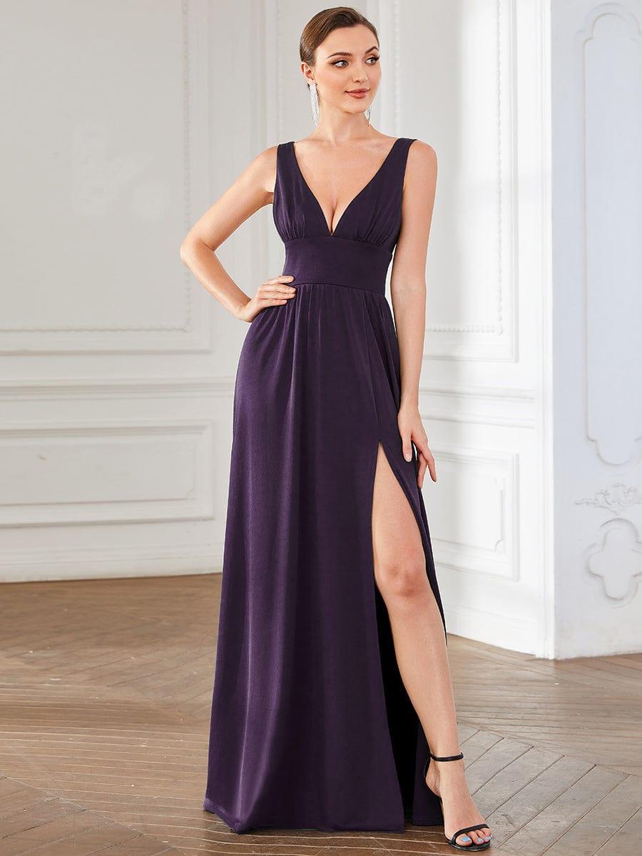 Chiffon High Slit Sleeveless V-Neck Empire Waist Formal Evening Dress - Dark Purple Chiffon High Slit Sleeveless V-Neck Empire Waist Formal Evening Dress - Dark Purple
