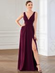 Chiffon High Slit Sleeveless V-Neck Empire Waist Formal Evening Dress - Mulberry