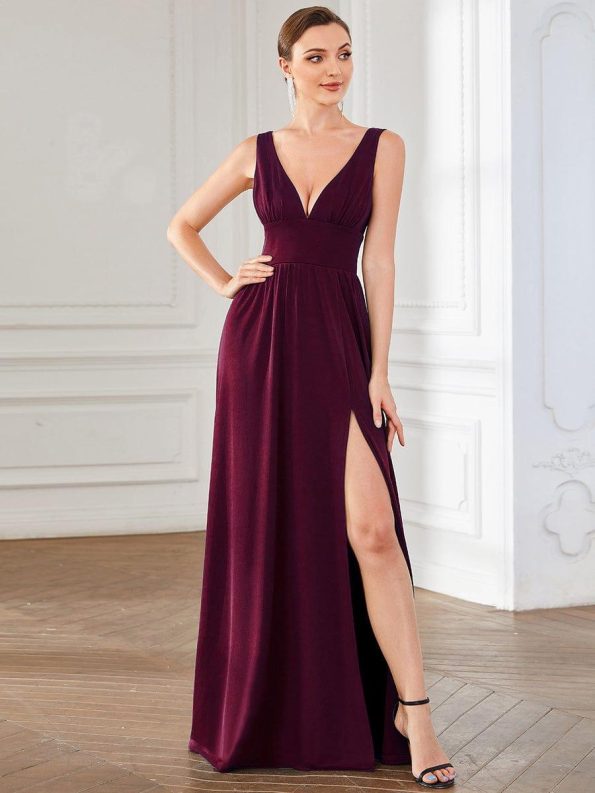 Chiffon High Slit Sleeveless V-Neck Empire Waist Formal Evening Dress - Mulberry