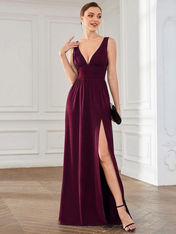 Chiffon High Slit Sleeveless V-Neck Empire Waist Formal Evening Dress - Mulberry