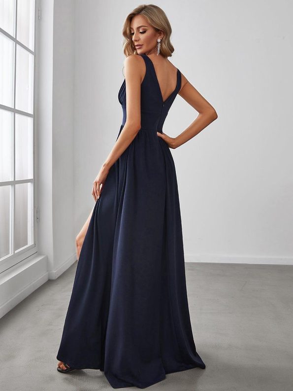 Chiffon High Slit Sleeveless V-Neck Empire Waist Formal Evening Dress - Navy Blue