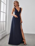 Chiffon High Slit Sleeveless V-Neck Empire Waist Formal Evening Dress – Navy Blue