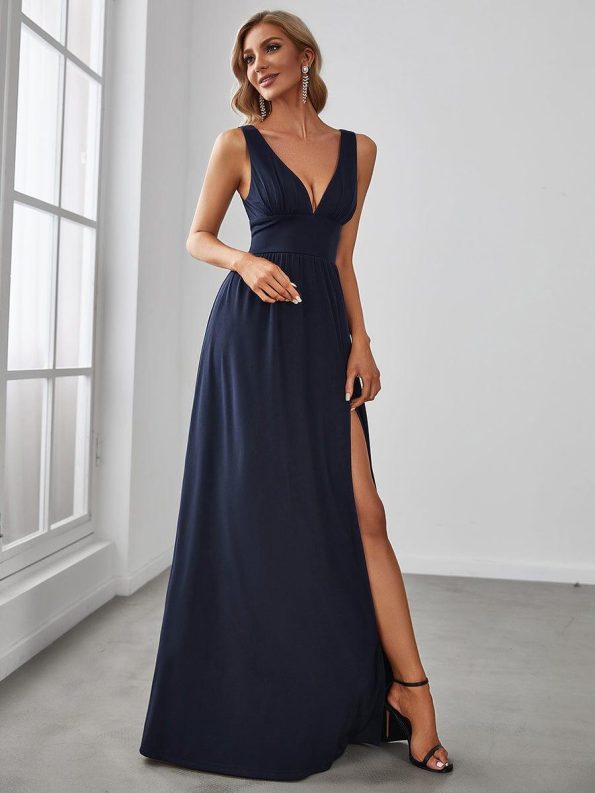 Chiffon High Slit Sleeveless V-Neck Empire Waist Formal Evening Dress - Navy Blue