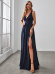 Chiffon High Slit Sleeveless V-Neck Empire Waist Formal Evening Dress - Navy Blue