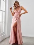 Chiffon High Slit Sleeveless V-Neck Empire Waist Formal Evening Dress – Pink