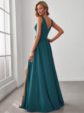 Chiffon High Slit Sleeveless V-Neck Empire Waist Formal Evening Dress - Teal