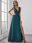 Chiffon High Slit Sleeveless V-Neck Empire Waist Formal Evening Dress – Teal