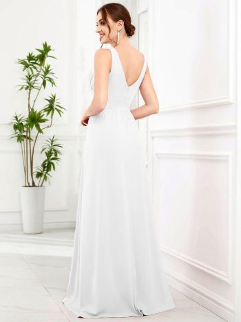 Chiffon High Slit Sleeveless V-Neck Empire Waist Formal Evening Dress - White