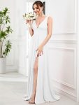 Chiffon High Slit Sleeveless V-Neck Empire Waist Formal Evening Dress – White