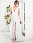 Chiffon High Slit Sleeveless V-Neck Empire Waist Formal Evening Dress – White