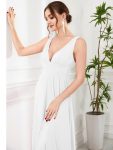 Chiffon High Slit Sleeveless V-Neck Empire Waist Formal Evening Dress – White