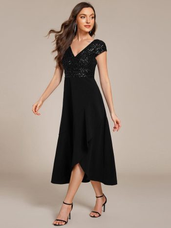 A-Line V-Neck Wedding Guest Dress - Black