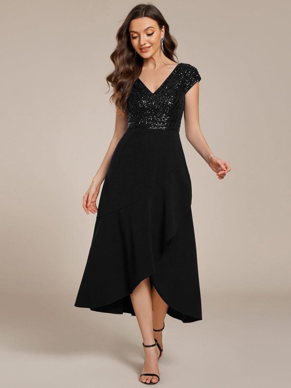 A-Line V-Neck Wedding Guest Dress - Black