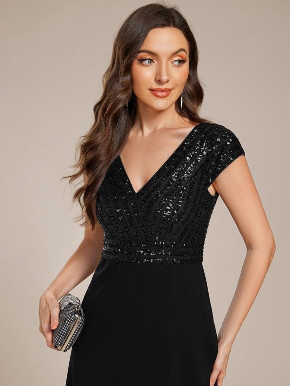 A-Line V-Neck Wedding Guest Dress - Black