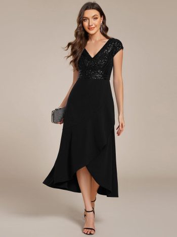 A-Line V-Neck Wedding Guest Dress - Black