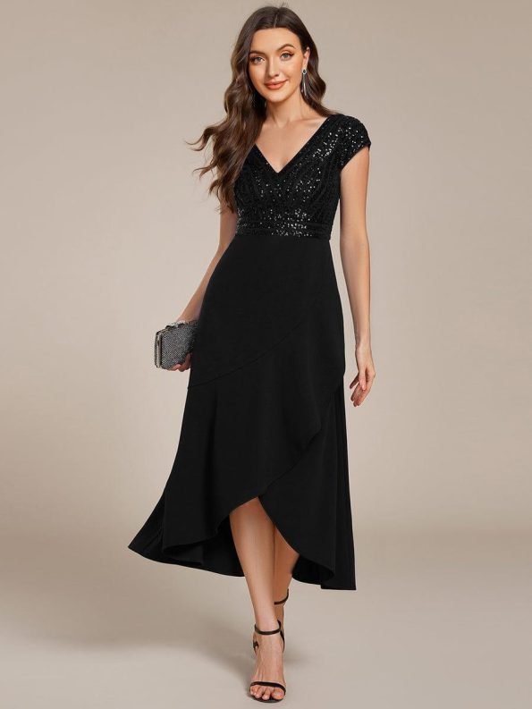 A-Line V-Neck Wedding Guest Dress - Black