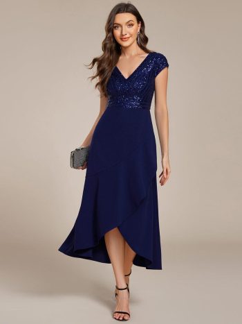 A-Line V-Neck Wedding Guest Dress - Navy Blue