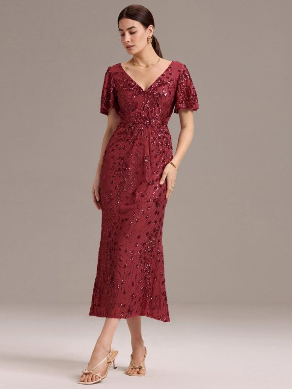 Sequin Embroidery Mermaid Formal Dress - Burgundy