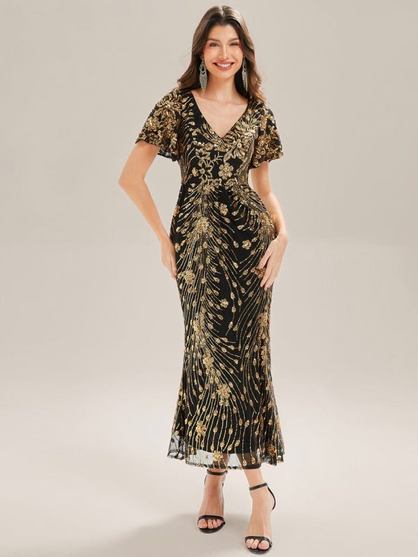 Sequin Embroidery Mermaid Formal Dress - Black & Gold