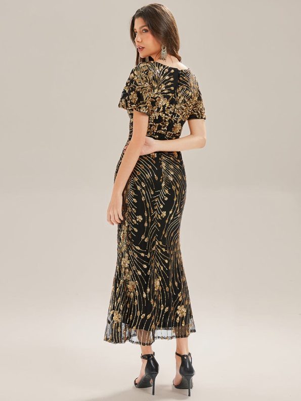 Sequin Embroidery Mermaid Formal Dress - Black & Gold