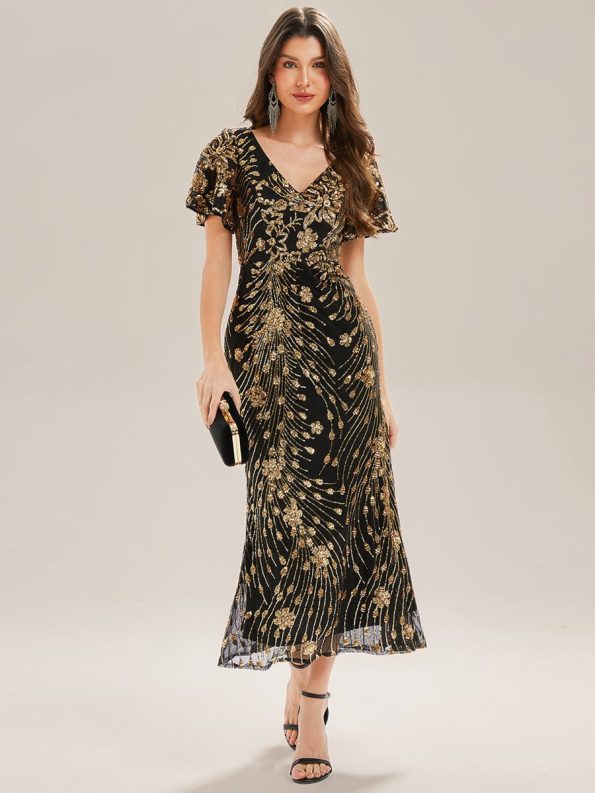 Sequin Embroidery Mermaid Formal Dress - Black & Gold