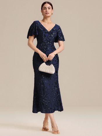 Sequin Embroidery Mermaid Formal Dress - Navy Blue