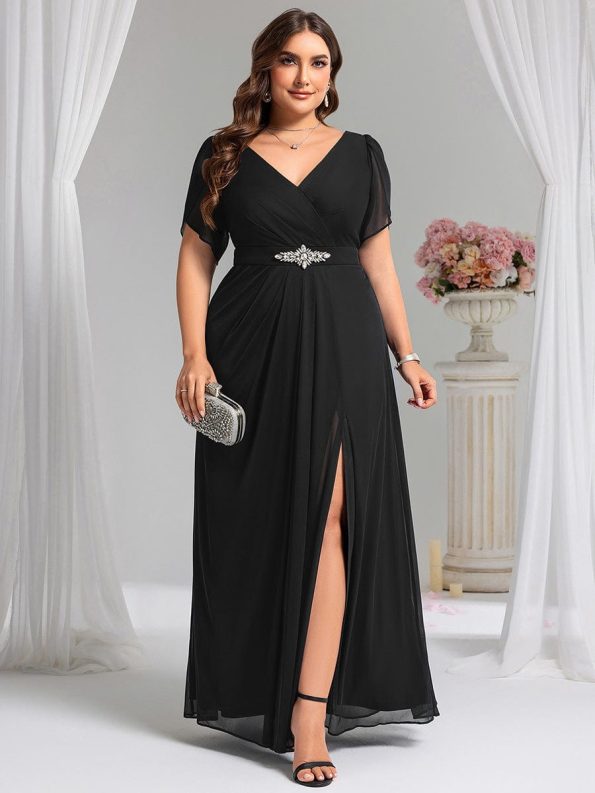 Chiffon A-Line Ruffle Sleeve Evening Dress - Black