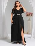 Chiffon A-Line Ruffle Sleeve Evening Dress – Black