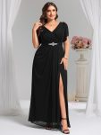 Chiffon A-Line Ruffle Sleeve Evening Dress – Black