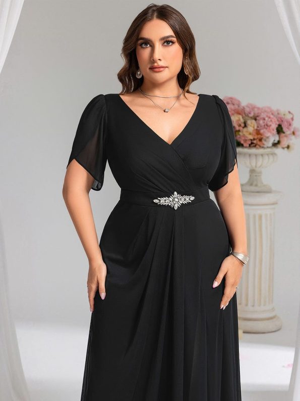 Chiffon A-Line Ruffle Sleeve Evening Dress - Black