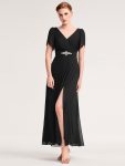 Chiffon A-Line Ruffle Sleeve Evening Dress – Black