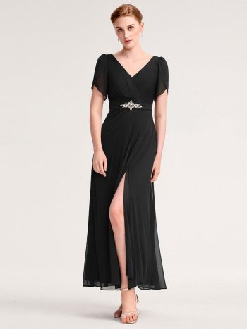 Chiffon A-Line Ruffle Sleeve Evening Dress - Black