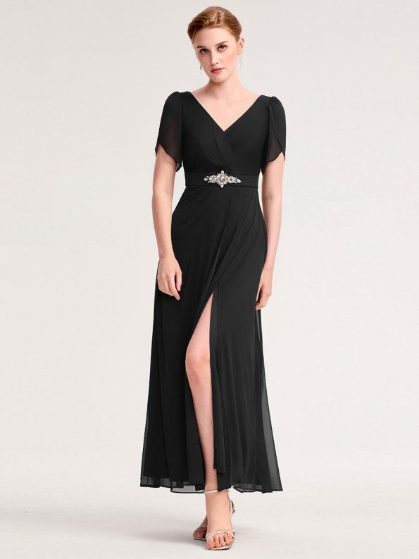 Chiffon A-Line Ruffle Sleeve Evening Dress - Black
