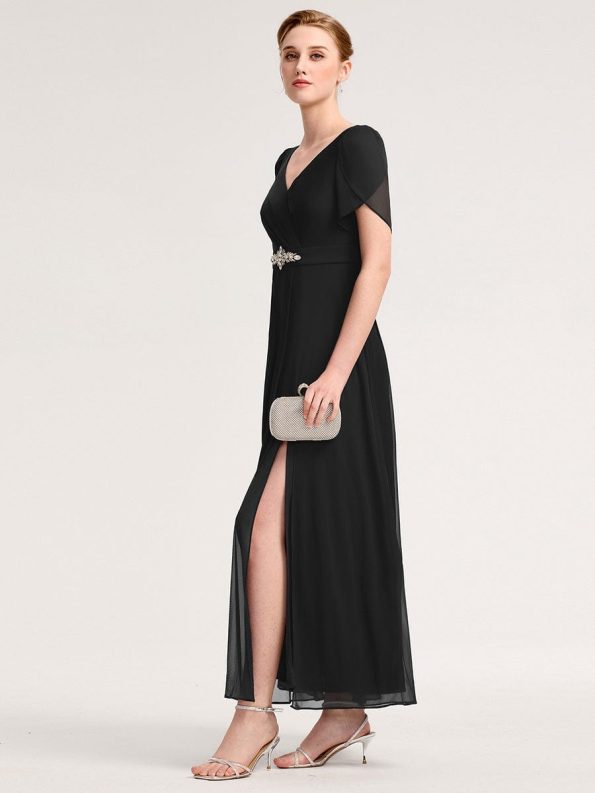 Chiffon A-Line Ruffle Sleeve Evening Dress - Black