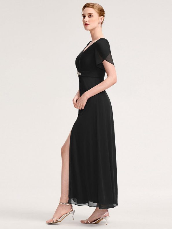 Chiffon A-Line Ruffle Sleeve Evening Dress - Black