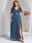 Chiffon A-Line Ruffle Sleeve Evening Dress – Dusty Blue