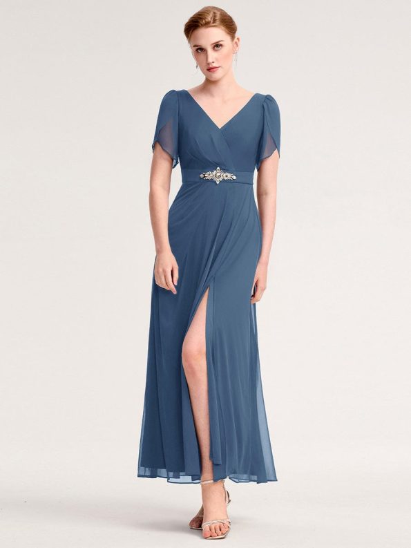 Chiffon A-Line Ruffle Sleeve Evening Dress - Dusty Blue