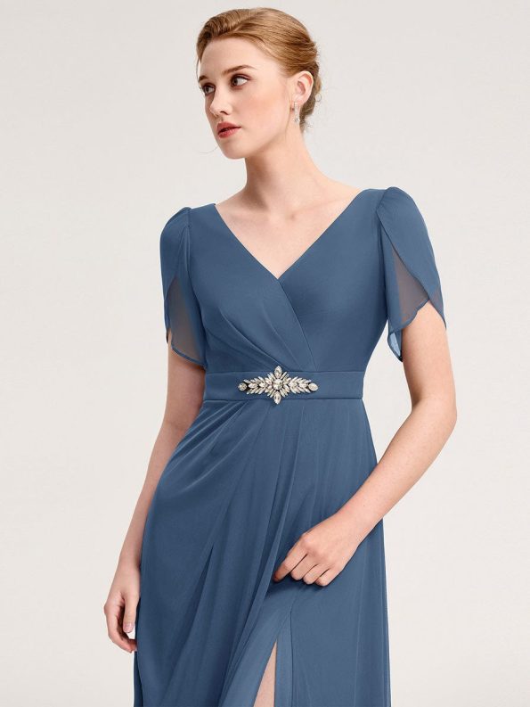 Chiffon A-Line Ruffle Sleeve Evening Dress - Dusty Blue