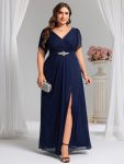 Chiffon A-Line Ruffle Sleeve Evening Dress – Navy Blue