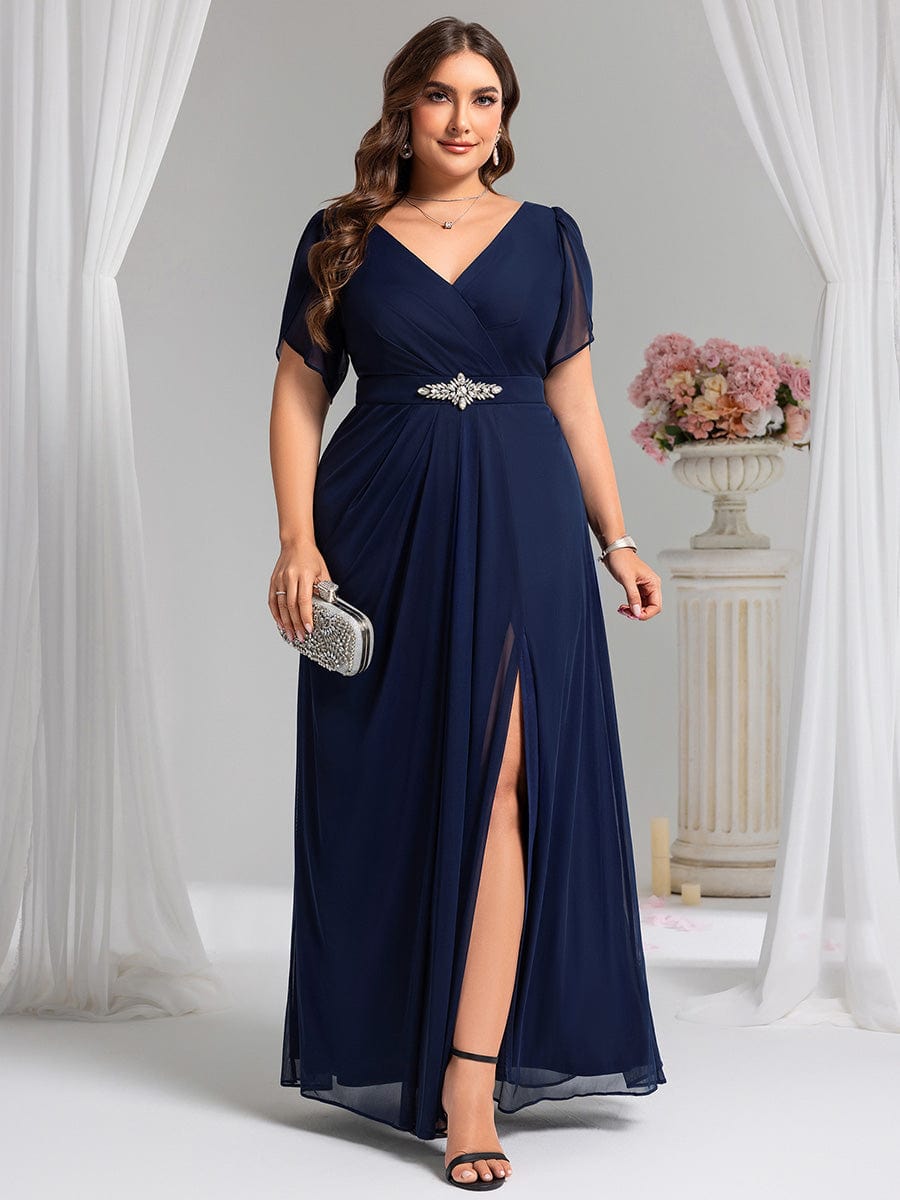 Chiffon A-Line Ruffle Sleeve Evening Dress - Navy Blue Chiffon A-Line Ruffle Sleeve Evening Dress - Navy Blue