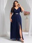 Chiffon A-Line Ruffle Sleeve Evening Dress – Navy Blue