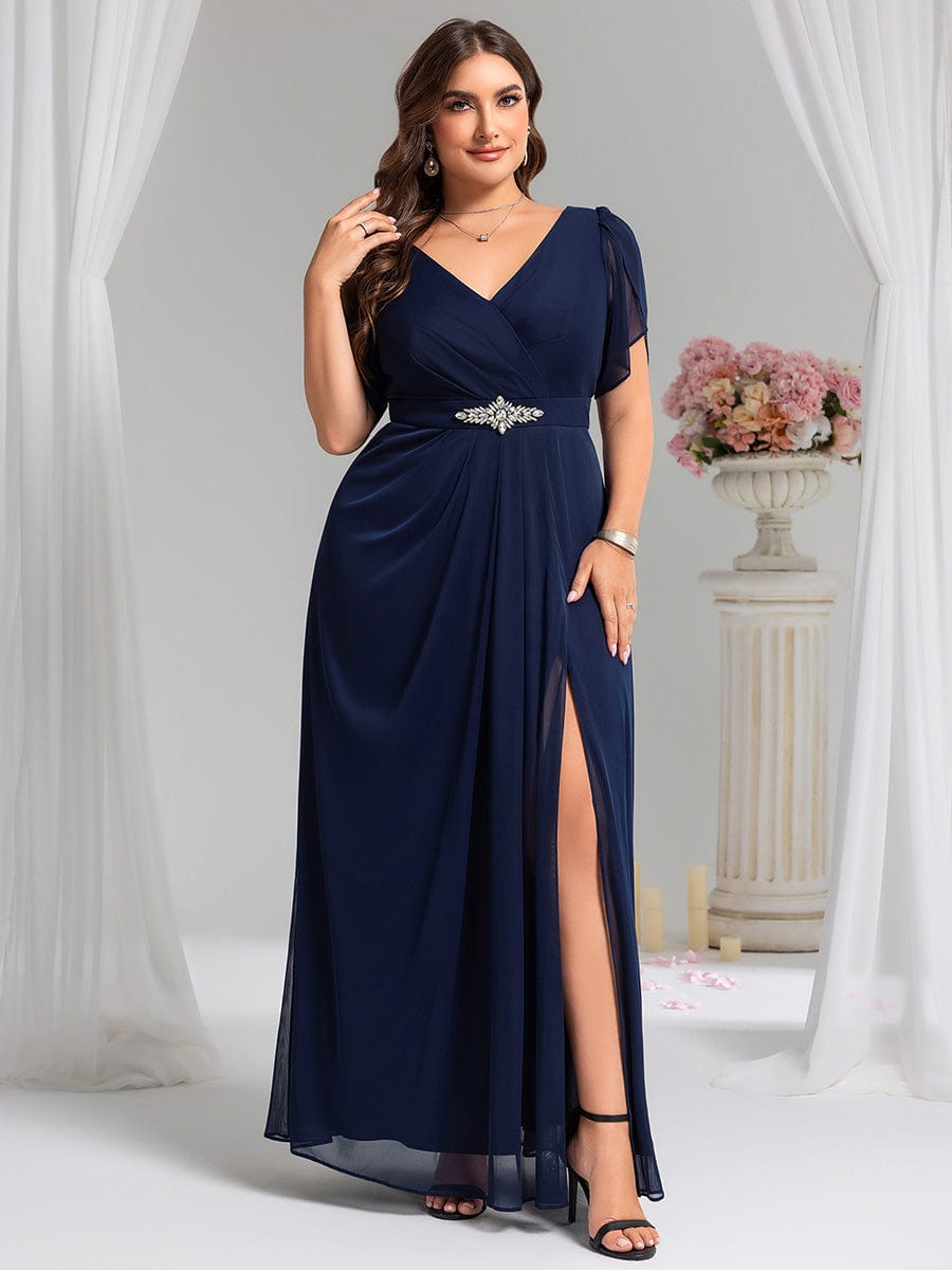 Chiffon A-Line Ruffle Sleeve Evening Dress - Navy Blue Chiffon A-Line Ruffle Sleeve Evening Dress - Navy Blue