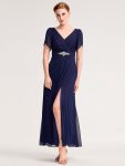 Chiffon A-Line Ruffle Sleeve Evening Dress - Navy Blue