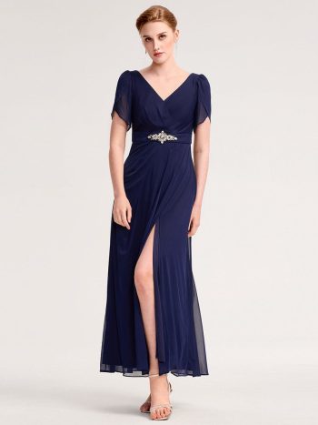 Chiffon A-Line Ruffle Sleeve Evening Dress - Navy Blue