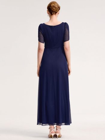 Chiffon A-Line Ruffle Sleeve Evening Dress - Navy Blue