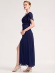 Chiffon A-Line Ruffle Sleeve Evening Dress – Navy Blue
