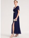 Chiffon A-Line Ruffle Sleeve Evening Dress – Navy Blue