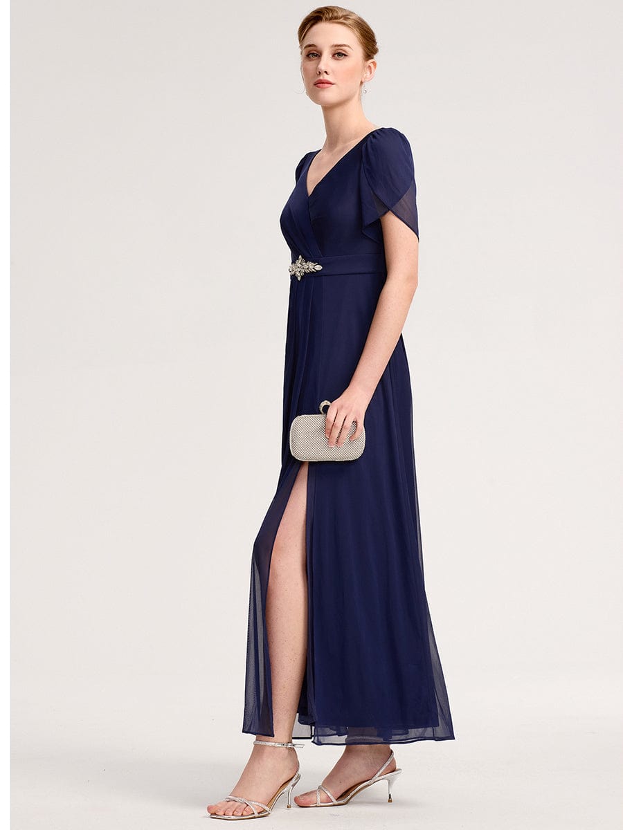 Chiffon A-Line Ruffle Sleeve Evening Dress - Navy Blue Chiffon A-Line Ruffle Sleeve Evening Dress - Navy Blue