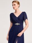 Chiffon A-Line Ruffle Sleeve Evening Dress – Navy Blue
